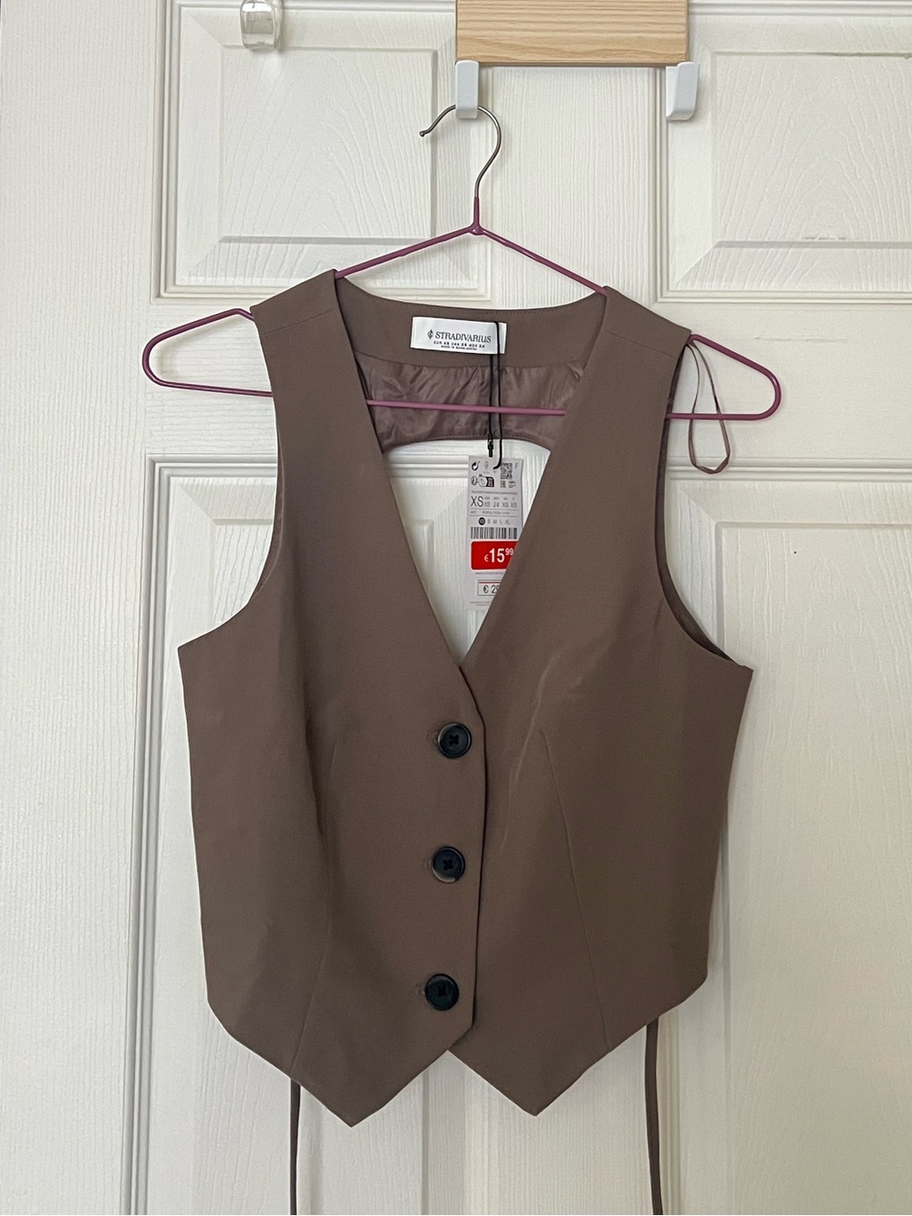 Stradivarius Buttoned Waistcoat with Tie Back Brown Vest XS